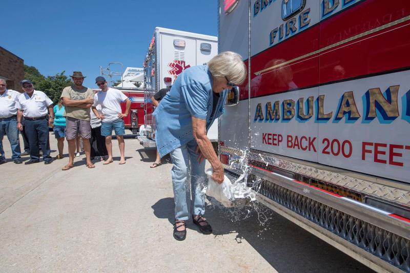 Beryl Buchholtz  helps welcome E.M.S. Company new ambulance 7-2-16 &quot;Marge&quot;